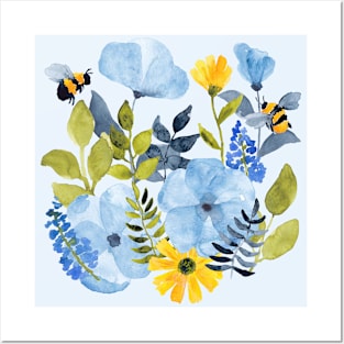 Bright Blue Blooms and Bees Posters and Art